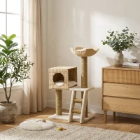 PawHut Cattail Weave Cat Tree for Indoor Cats Kitty Tower with Rattan Cat Condo, Wicker Bed, Ladder, Washable Cushions, 22.5" x 14.5" x 39.5", Natural(m-9)