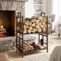 Outsunny 20.25" x 13" x 30.25" 2-Layer Heavy Duty Firewood Rack Wood Log Fireplace Stacker  w/ 4 Tools, Black and Gold(m-1)