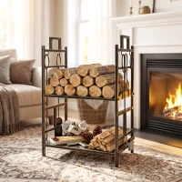 Outsunny 20.25" x 13" x 30.25" 2-Layer Heavy Duty Firewood Rack Wood Log Fireplace Stacker  w/ 4 Tools, Black and Gold(m-8)