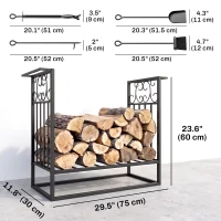 HOMCOM 29.5" x 11.75" x 23.5" Heavy Duty Firewood Wood Log Rack Vintage Design Firewood Storage Shelf w/ 4 Tools, Black(m-3)