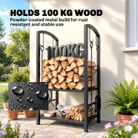 Outsunny 2-Tier Firewood Log Rack with 4 Tools, Fireplace Wood Storage Holder with Shovel, Broom, Poker, Tongs and Hooks, Black(m-5)