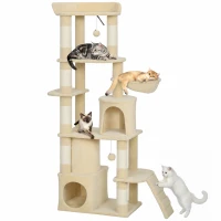 PawHut 67" Large Cat Tree with 7 Scratching Posts, Tunnel, 2 Condos, Hammock, Perch, Ramp, Pompoms, Beige(m-9)