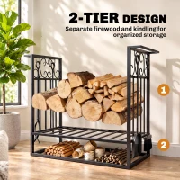 HOMCOM 29.5" x 11.75" x 23.5" Heavy Duty Firewood Wood Log Rack Vintage Design Firewood Storage Shelf w/ 4 Tools, Black(m-5)
