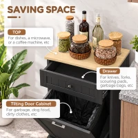HOMCOM 10 Gallon Tilt Out Trash Cabinet, Wooden Hidden Trash Can with Storage Drawer for Kitchen, Laundry Hamper Cabinet for Bathroom, Black(m-5)