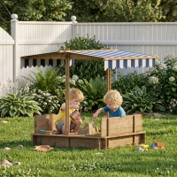 Outsunny Wooden Kids Sandbox with Cover, Sand Play Station with Foldable Bench Seats and Adjustable Canopy, Red(m-1)