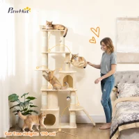 PawHut 67" Large Cat Tree with 7 Scratching Posts, Tunnel, 2 Condos, Hammock, Perch, Ramp, Pompoms, Beige(m-4)