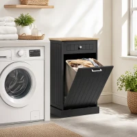 HOMCOM 10 Gallon Tilt Out Trash Cabinet, Wooden Hidden Trash Can with Storage Drawer for Kitchen, Laundry Hamper Cabinet for Bathroom, Black(m-10)