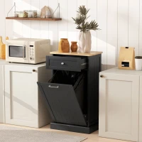 HOMCOM 10 Gallon Tilt Out Trash Cabinet, Wooden Hidden Trash Can with Storage Drawer for Kitchen, Laundry Hamper Cabinet for Bathroom, Black(m-9)