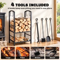 Outsunny 2-Tier Firewood Log Rack with 4 Tools, Fireplace Wood Storage Holder with Shovel, Broom, Poker, Tongs and Hooks, Black(m-6)