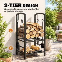 Outsunny 2-Tier Firewood Log Rack with 4 Tools, Fireplace Wood Storage Holder with Shovel, Broom, Poker, Tongs and Hooks, Black(m-4)