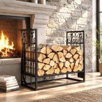HOMCOM 29.5" x 11.75" x 23.5" Heavy Duty Firewood Wood Log Rack Vintage Design Firewood Storage Shelf w/ 4 Tools, Black(m-8)
