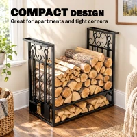 HOMCOM 29.5" x 11.75" x 23.5" Heavy Duty Firewood Wood Log Rack Vintage Design Firewood Storage Shelf w/ 4 Tools, Black(m-7)