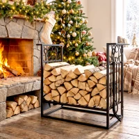 HOMCOM 29.5" x 11.75" x 23.5" Heavy Duty Firewood Wood Log Rack Vintage Design Firewood Storage Shelf w/ 4 Tools, Black(m-10)