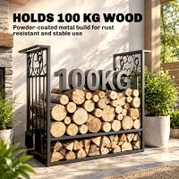 HOMCOM 29.5" x 11.75" x 23.5" Heavy Duty Firewood Wood Log Rack Vintage Design Firewood Storage Shelf w/ 4 Tools, Black(m-4)