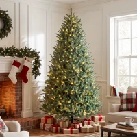 HOMCOM 9ft Prelit Christmas Tree, Colorado Blue Spruce, Easy Plug, Hinged Xmas Tree with Warm White & Multi-Color LED Lights(m-8)