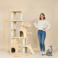 PawHut 67" Large Cat Tree with 7 Scratching Posts, Tunnel, 2 Condos, Hammock, Perch, Ramp, Pompoms, Beige(m-3)