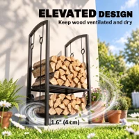 Outsunny 2-Tier Firewood Log Rack with 4 Tools, Fireplace Wood Storage Holder with Shovel, Broom, Poker, Tongs and Hooks, Black(m-7)