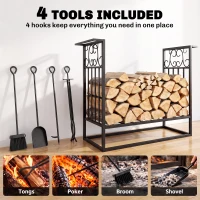 HOMCOM 29.5" x 11.75" x 23.5" Heavy Duty Firewood Wood Log Rack Vintage Design Firewood Storage Shelf w/ 4 Tools, Black(m-6)