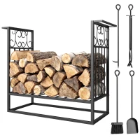 HOMCOM 29.5" x 11.75" x 23.5" Heavy Duty Firewood Wood Log Rack Vintage Design Firewood Storage Shelf w/ 4 Tools, Black(m-11)