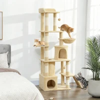 PawHut 67" Large Cat Tree with 7 Scratching Posts, Tunnel, 2 Condos, Hammock, Perch, Ramp, Pompoms, Beige(m-8)