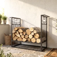 HOMCOM 29.5" x 11.75" x 23.5" Heavy Duty Firewood Wood Log Rack Vintage Design Firewood Storage Shelf w/ 4 Tools, Black(m-9)