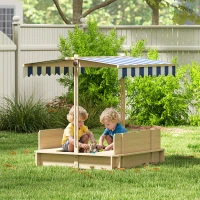 Outsunny Covered Sandbox, Wooden，with Cover Adjustable Canopy, Detachable Seats and Backrests, Kids Sandbox with Convertible Bench Seat, Bottom Liner, Natural Blue(m-2)