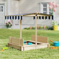 Outsunny Covered Sandbox, Wooden，with Cover Adjustable Canopy, Detachable Seats and Backrests, Kids Sandbox with Convertible Bench Seat, Bottom Liner, Natural Blue(m-10)