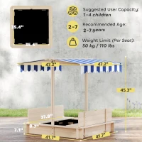 Outsunny Covered Sandbox, Wooden，with Cover Adjustable Canopy, Detachable Seats and Backrests, Kids Sandbox with Convertible Bench Seat, Bottom Liner, Natural Blue(m-3)