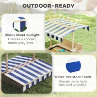 Outsunny Covered Sandbox, Wooden，with Cover Adjustable Canopy, Detachable Seats and Backrests, Kids Sandbox with Convertible Bench Seat, Bottom Liner, Natural Blue(m-5)
