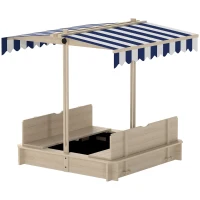Outsunny Covered Sandbox, Wooden，with Cover Adjustable Canopy, Detachable Seats and Backrests, Kids Sandbox with Convertible Bench Seat, Bottom Liner, Natural Blue(m-11)