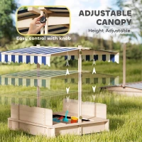 Outsunny Covered Sandbox, Wooden，with Cover Adjustable Canopy, Detachable Seats and Backrests, Kids Sandbox with Convertible Bench Seat, Bottom Liner, Natural Blue(m-4)
