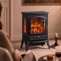 HOMCOM Electric Fireplace Stove, 725W/1450W Infrared 3-Sided Freestanding Fireplace Heater with 3D Flame Log, Thermostat, Black(m-15)