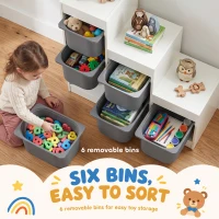 Qaba 3 Layers Toy Storage Organizer Kids Bookshelf Children Toy Storage w/ 6 Plastic Bins, Grey(m-5)
