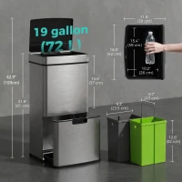 HOMCOM Sensor Trash Can, 19 Gallon Stainless Steel Kitchen Garbage Can with 3 Compartments, Removable Inner Buckets, Silver(m-3)