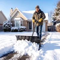 Outsunny Snow Shovel Rolling Pusher with 29" Blade, 10" Wheels & Angle-Adjustable Handle, Black(m-8)