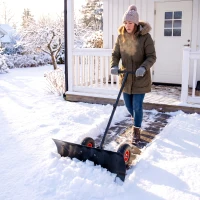 Outsunny Snow Shovel Rolling Pusher with 29" Blade, 10" Wheels & Angle-Adjustable Handle, Black(m-10)