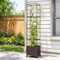 Outsunny Raised Garden Bed with Trellis, Tomato Cage with Lockable Wheels, Self Watering Planter Box with Drainage Holes, Brown(m-8)