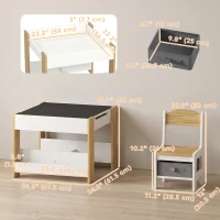 Qaba 3 Piece Kids Table and Chair Set with Reversible Tabletop, Blackboard, Storage, Bookshelf, for Playroom, Nursery Natural(m-3)
