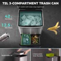 HOMCOM Sensor Trash Can, 19 Gallon Stainless Steel Kitchen Garbage Can with 3 Compartments, Removable Inner Buckets, Silver(m-5)