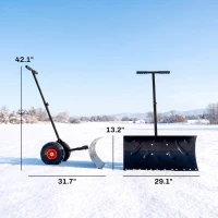 Outsunny Snow Shovel Rolling Pusher with 29" Blade, 10" Wheels & Angle-Adjustable Handle, Black(m-3)