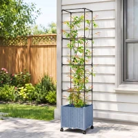 Outsunny Raised Garden Bed with Trellis, Tomato Cage with Lockable Wheels, Self Watering Planter Box with Drainage Holes, Gray(m-8)