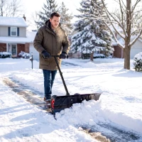 Outsunny Snow Shovel Rolling Pusher with 29" Blade, 10" Wheels & Angle-Adjustable Handle, Black(m-9)