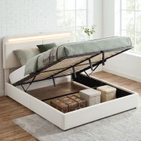 HOMCOM Queen Size Bed Frame with Charging Station, LED Lights, Adjustable Headboard, Upholstered Platform Bed Frame White(m-13)