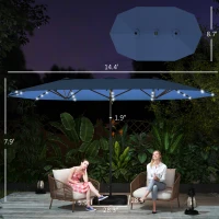 Outsunny Garden Parasol 14.4ft Double-Sided Sun Umbrella with Base, Patio Parasol with LED Solar Lights, Navy Blue(m-3)