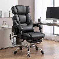 HOMCOM PU Leather Office Chair, Reclining Desk Chair with Footrest, Adjustable Headrest, Lumbar Support, Swivel Wheels, Black(m-1)