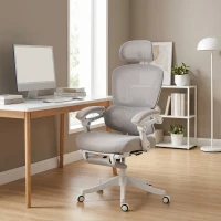 HOMCOM Mesh Desk Chair with Adjustable Headrest, Reclining Ergonomic Office Chair with Footrest, Light Grey(m-10)