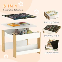Qaba 3 Piece Kids Table and Chair Set with Reversible Tabletop, Blackboard, Storage, Bookshelf, for Playroom, Nursery Natural(m-4)