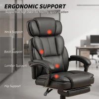 HOMCOM PU Leather Office Chair, Reclining Desk Chair with Footrest, Adjustable Headrest, Lumbar Support, Swivel Wheels, Black(m-4)