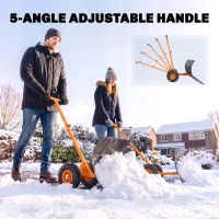Outsunny Snow Shovel, Rolling Pusher with 29" Blade, 10" Wheels & Angle-Adjustable Handle, Orange(m-7)