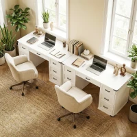 HOMCOM 55" Computer Desk with 7 Drawers, Farmhouse Executive Desk for Home Office, Study, Bedroom, White Wood Grain(m-10)